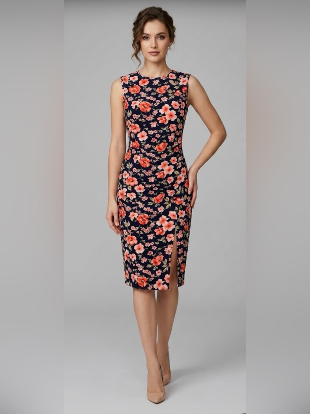 Sleeveless Navy Floral Midi Dress with Front Slit